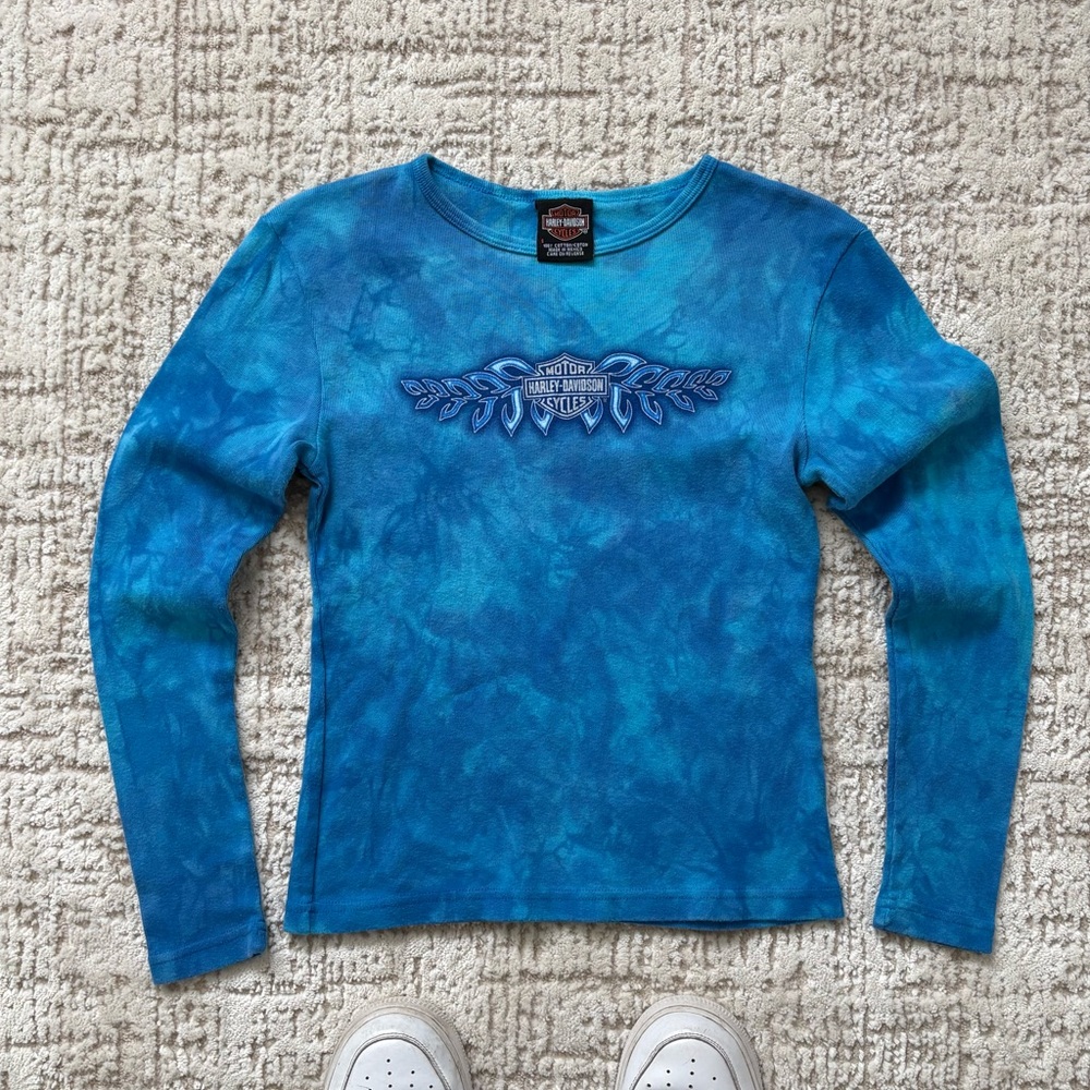 Vintage Y2K Harley Davidson St. Joseph Missouri Blue tie die long sleeve